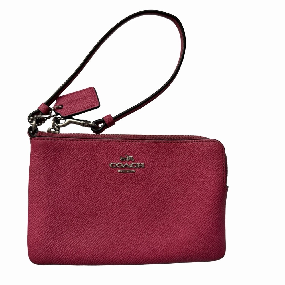 Coach Large Corner Zip Pebbled Leather Wristlet Magenta Pink Card Classic Wallet